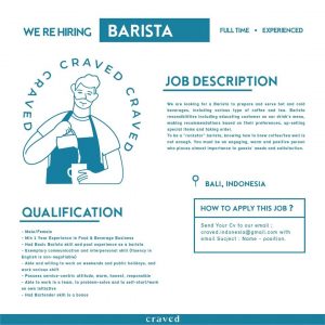 Lowongan Kerja Bartender dan Barista untuk Craved di Badung