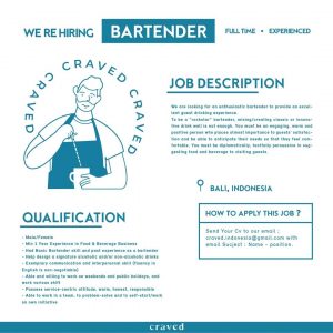 Lowongan Kerja Bartender dan Barista untuk Craved di Badung