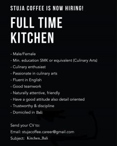Lowongan Kerja Kitchen, Barista, Server (Daily Worker), Pastry, Cashier untuk Stuja Coffee di Bali