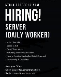 Lowongan Kerja Kitchen, Barista, Server (Daily Worker), Pastry, Cashier untuk Stuja Coffee di Bali
