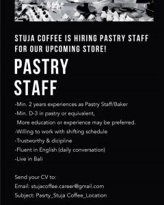 Lowongan Kerja Kitchen, Barista, Server (Daily Worker), Pastry, Cashier untuk Stuja Coffee di Bali