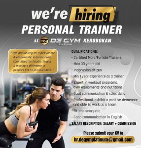 Lowongan Kerja Personal Trainer dan Sales Executive untuk De Gym Platinum di Kerobokan, Badung 