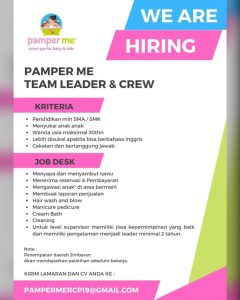 Lowongan Kerja Team Leader dan Crew untuk Pamper Me penempatan di Jimbaran, Badung