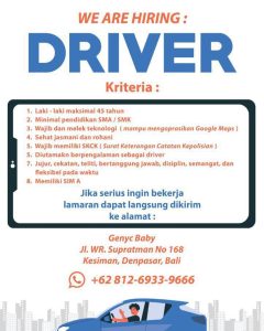 Lowongan Kerja Driver, Tenaga Serabutan dan lowongan Karyawan Toko untuk Genyc Baby di Denpasar
