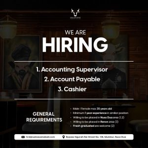 Lowongan Kerja Accounting Spv, Account Payable, Cashier untuk Sama Sama Restaurant di Bali 

