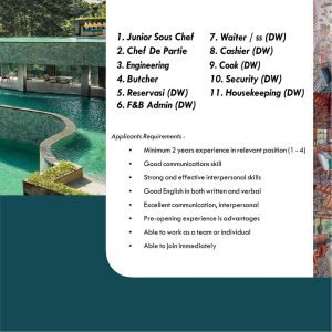 Lowongan Kerja Junior Sous Chef, CDP, Engineering, Butcher, Daily Worker untuk Cretya Ubud di Gianyar 
