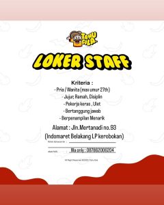 Lowongan Kerja Staff untuk Tahu Gila penempatan di Indomaret, Belakang LP Kerobokan, Badung 
