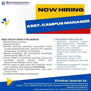 Lowongan Kerja sebagai Assistant Campus Manager untuk Kampus Mediterranean Bali di Denpasar 

