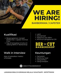Lowongan Kerja sebagai Barberman/Capster untuk Bercut Barbershop penempatan kerja di Bali