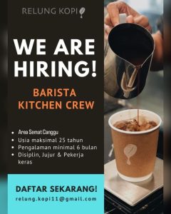 Lowongan Kerja sebagai Barista / Kitchen Crew untuk Relung Kopi penempatan di Canggu, Badung 
