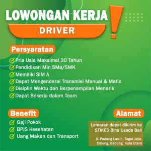 Lowongan Kerja sebagai Cleaning Service dan Driver untuk STIKES Bina Usada Bali penempatan Dalung
