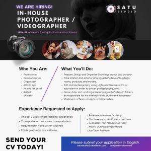 Lowongan Kerja sebagai Photographer / Videographer untuk Satu Studio penempatan di Denpasar 
