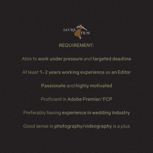 Lowongan Kerja posisi sebagai Staff Video Editor untuk Leura Film penempatan kerja di Bali