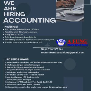 Lowongan Kerja sebagai Staff Accounting untuk A Fung Baso Sapi penempatan kerja di Bali 
