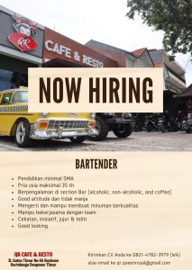 Lowongan Kerja sebagai Staff Bartender untuk QR Cafe & Resto penempatan kerja di Denpasar Timur 
