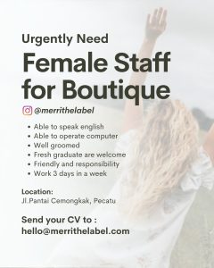 Lowongan Shop Assistant untuk Marrie The Label di Bali