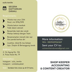 Lowongan Kerja Accounting, Shopkeeper, Content Creator untuk Sulis Textile penempatan di Denpasar 
