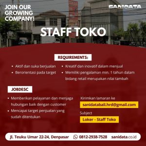 Lowongan Kerja Kepala Toko, Staff Toko, Accounting untuk PT. Sanidata Bali penempatan di Denpasar
