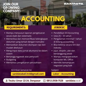 Lowongan Kerja Kepala Toko, Staff Toko, Accounting untuk PT. Sanidata Bali penempatan di Denpasar
