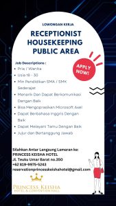 Lowongan Kerja Resepsionis, Housekeeping, Public Area untuk Princess Keisha Hotel penempatan di Denpasar