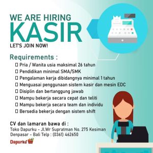 Lowongan Kerja sebagai Admin Online dan Kasir untuk Dapurku penempatan kerja di Kesiman, Denpasar
