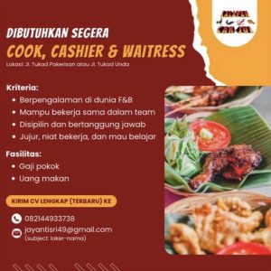Lowongan Kerja sebagai Cook, Cashier, Waitress untuk Lalapan Cak Jul penempatan di Denpasar