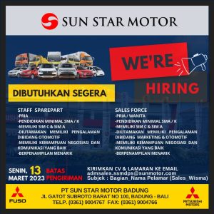 Lowongan Kerja sebagai Staff Sparepart dan Sales Force untuk Sun Star Motor penempatan kerja di Badung