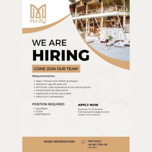 Lowongan Kerja sebagai Waitress, Cook (Pastry), Bartender untuk Mazu Beach Club penempatan di Badung