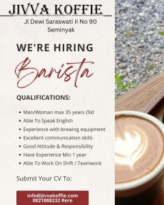 Lowongan Kerja sebagai Barista Staff untuk Jivva Koffie penempatan kerja di Seminyak, Badung 
