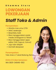 Lowongan Kerja sebagai Staff Toko & Admin untuk Dhamma Store penempatan kerja di Renon, Denpasar