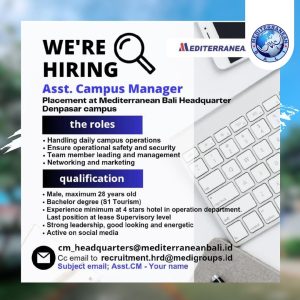 Lowongan Asst. Manager, Staff Mahasiswa, dan Instructor untuk Mediterranean di Bali