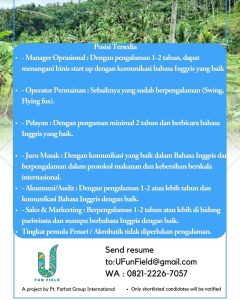 Lowongan Kerja Manager Operasional, Operator Staff, Waiter/s, Chef, dll untuk U Fun Field di Ubud
