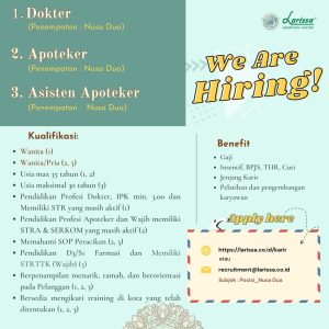 Lowongan Kerja Manager, Spv Operasional, Dokter, Apoteker, Admin, dll untuk Larissa Aesthetic Center di Badung