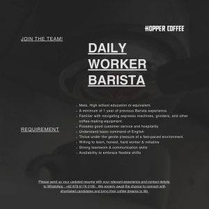 Lowongan Kerja sebagai Daily Worker Barista untuk Hopper Coffee penempatan kerja di Canggu, Badung 
