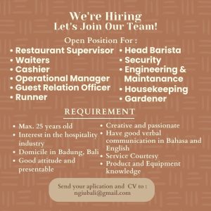 Lowongan Resto Spv, Waiter, Kasir, GRO, Head Barista, Security, HK, dll untuk Ngiu Bali di Bali
