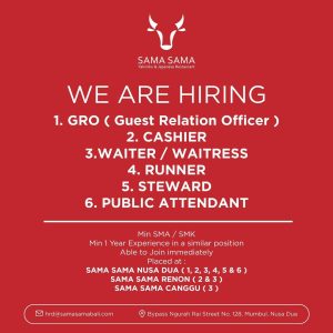 Lowongan GRO, Kasir, Waiter/es, Runner, Steward, Public Attndt untuk Sama Sama Restaurant di Bali
