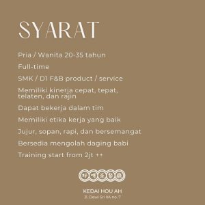 Lowongan Kerja sebagai Cook Helper dan Assistant Baker untuk Kedai Hou Ah penempatan kerja di Badung