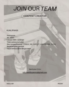 Lowongan Kerja sebagai Staff Content Creator untuk Heels by Peony penempatan kerja di Denpasar 
