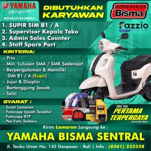 Lowongan Kerja Spare Part Staff, Admin Sales Counter, SPV, Driver untuk Yamaha Bisma Sentral di Denpasar 
