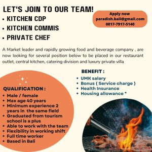 Lowongan Kerja Staff Chef de Partie, Commis, Chef untuk Paradish Bali penempatan di Bali 
