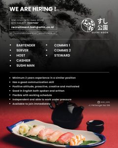 Lowongan Bartender, Server, Host, Kasir, Sushi Maker, Commis, Steward untuk Sushi Koen di Badung
