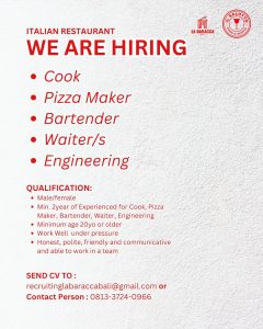 Lowongan Kerja Cook, Pizza Maker, Bartender, Waiter/s, Engineering untuk La Baracca Bali di Bali 
