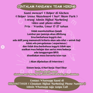Lowongan Kerja Helper, Kitchen Helper dan Admin untuk Cintalam Pandawa penempatan di Badung
