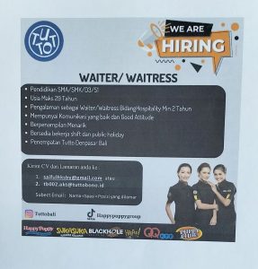 Lowongan Kerja sebagai Staff Waiter/Waitress untuk Tutto Bali penempatan kerja di Denpasar 
