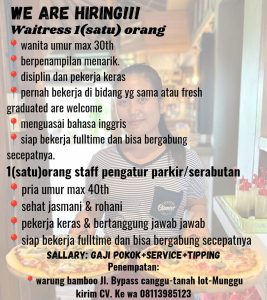 Lowongan Kerja sebagai Waitress dan Staff Pengatur Parkir/Serabutan untuk Warung Bambo di Badung