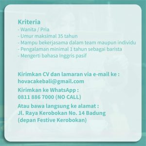 Lowongan Waiter/ess, Barista dan Pastry & Cake Decorator untuk Hova Cake Boutique di Kerobokan, Badung
