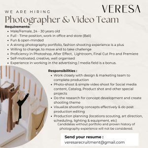Lowongan Kerja sebagai Photographer dan Videographer untuk Veresa penempatan kerja di Badung