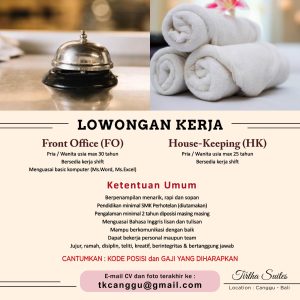 Lowongan Kerja Front Office dan House Keeping untuk Tirtha Suites penempatan di Canggu, Badung