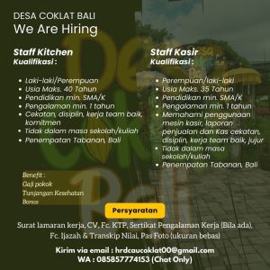 Lowongan Kerja Sebagai Staff Kitchen, Staff Kasir untuk Desa Coklat Penempatan di Tabanan