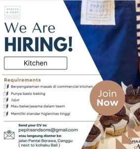 Lowongan Kerja posisi sebagai Staff Kitchen untuk Pepita and Sons penempatan kerja di Canggu, Badung